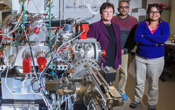 Researchers Lynda Williams, Rajeev Misra, Maitrayee Bose in a lab